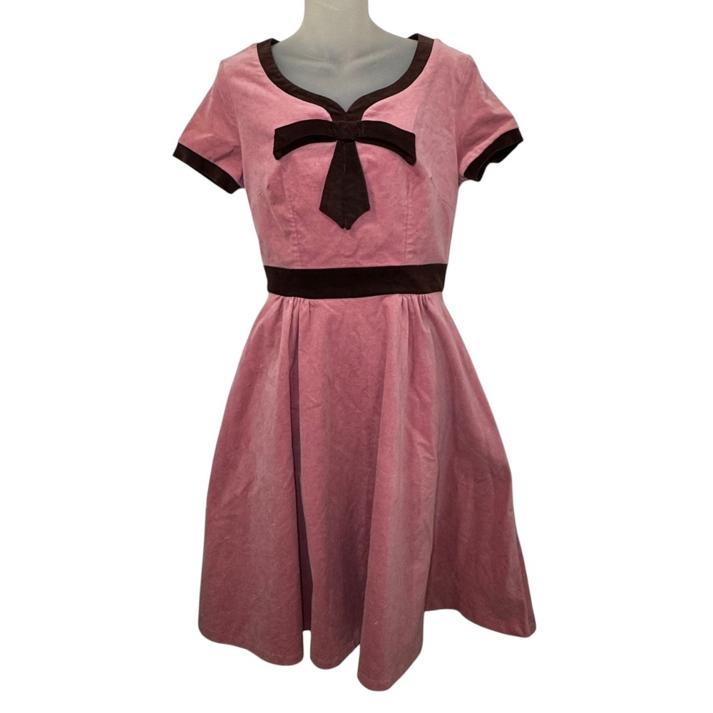 Laura Byrnes Irene Pin-Up Couture Pink/Brown Velvet Trim Fit‎ & Flare Dress Sz S
